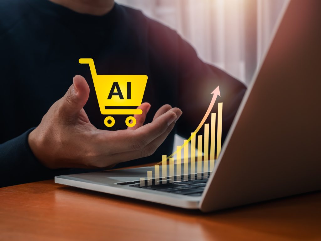 ai marketing tools concept artificial intelligence service support ecommerce trends reach customer ai cart symbol businessman hand while working with laptop computer with growth graph